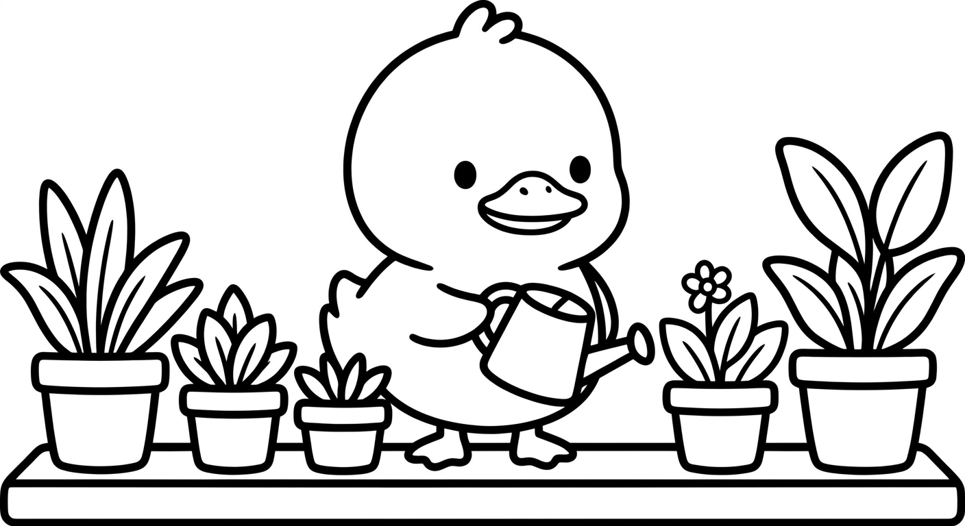 Desenho de patinho com regador para colorir abraçando vaso entre flores fofas