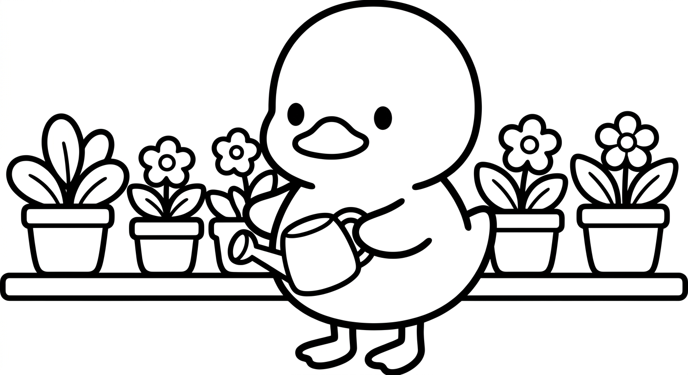 Desenho de patinho com regador para colorir, fofo e fácil para crianças