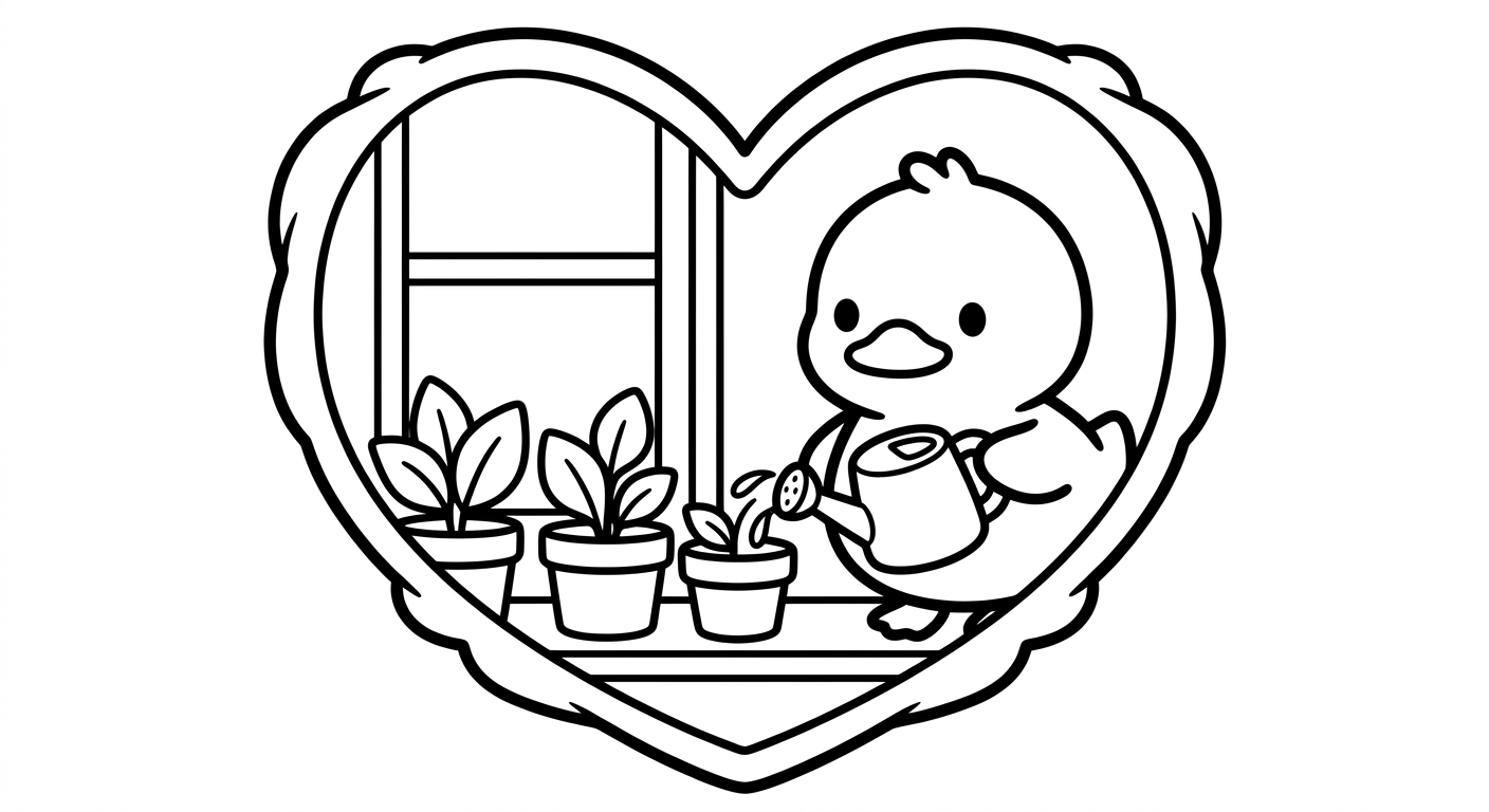 Desenho de patinho com regador para colorir espreguiçando entre flores fofas