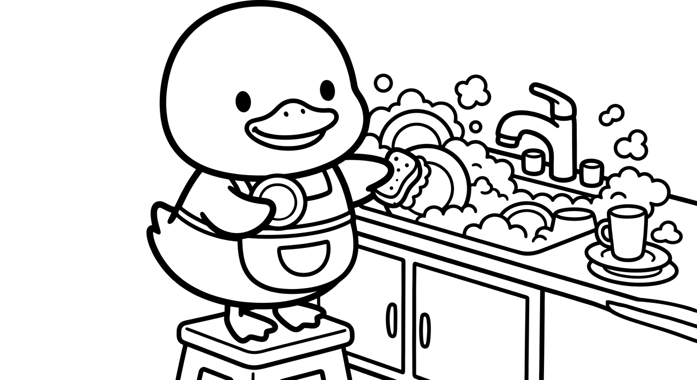 Desenho de patinho lavando louça para colorir acenando com pratos fofos