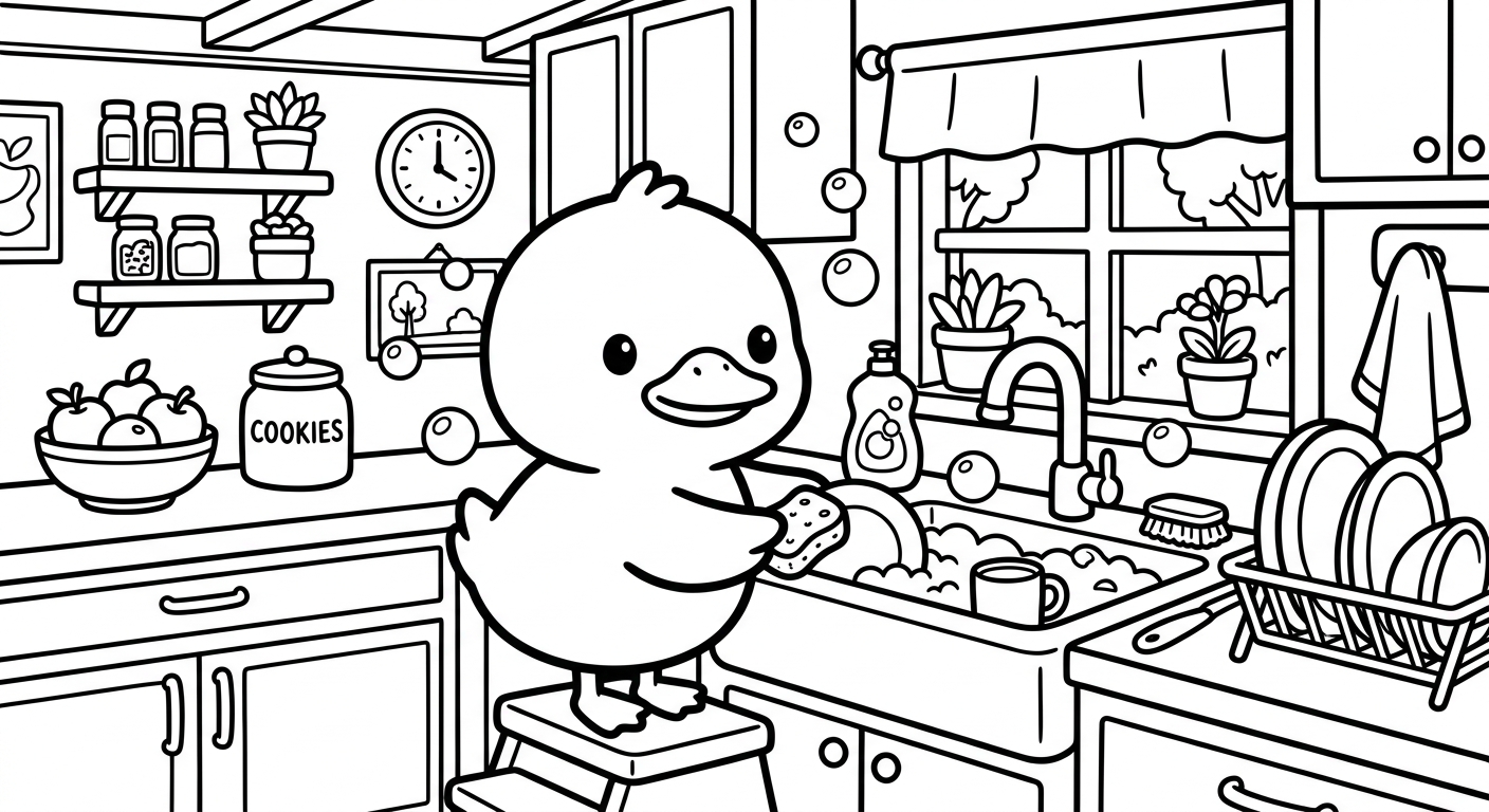 Desenho de patinho lavando louça para colorir pulando alegre com esponja e bolhas fofas