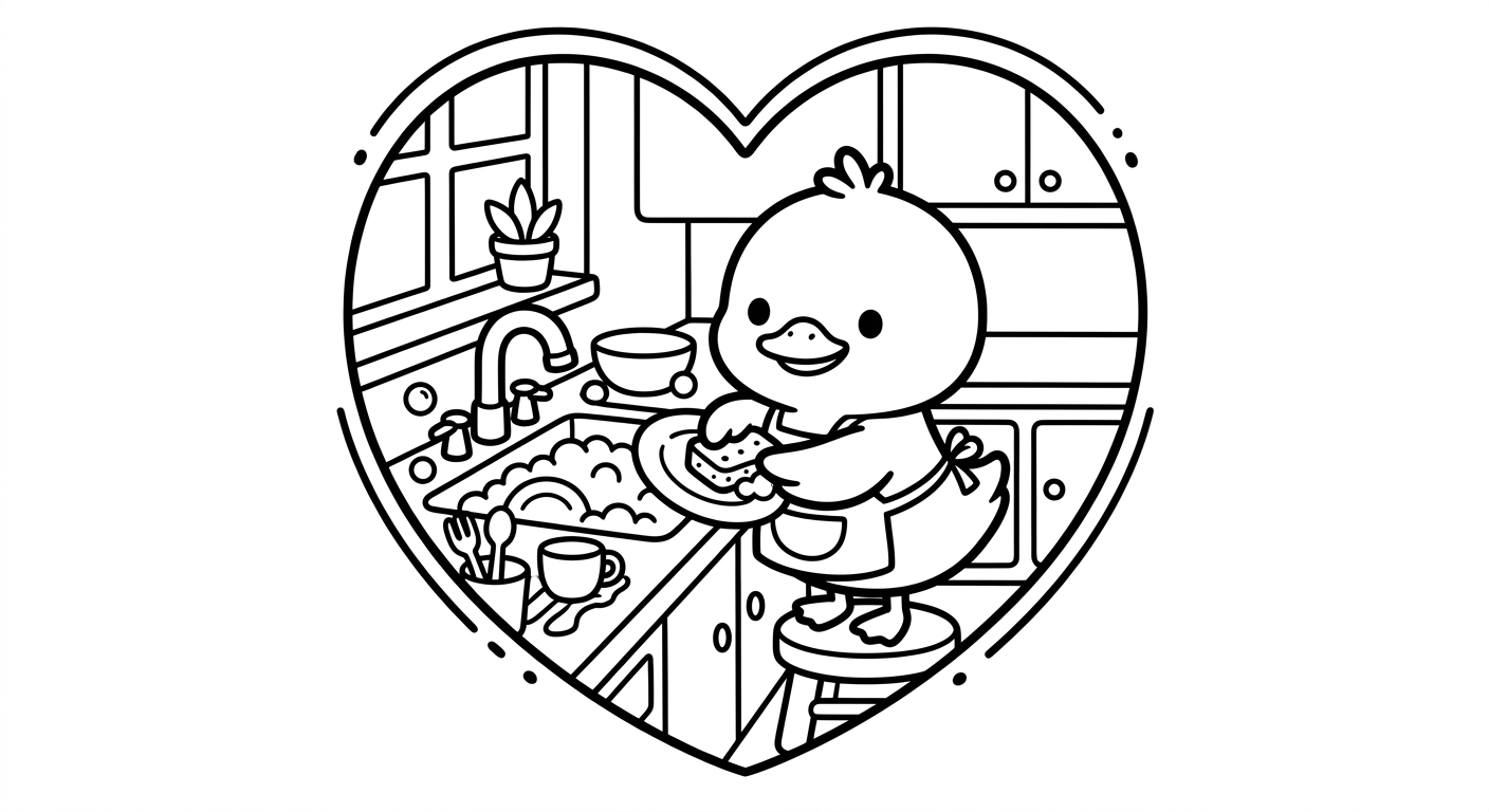 Desenho de patinho lavando louça para colorir segurando uma esponja fofa