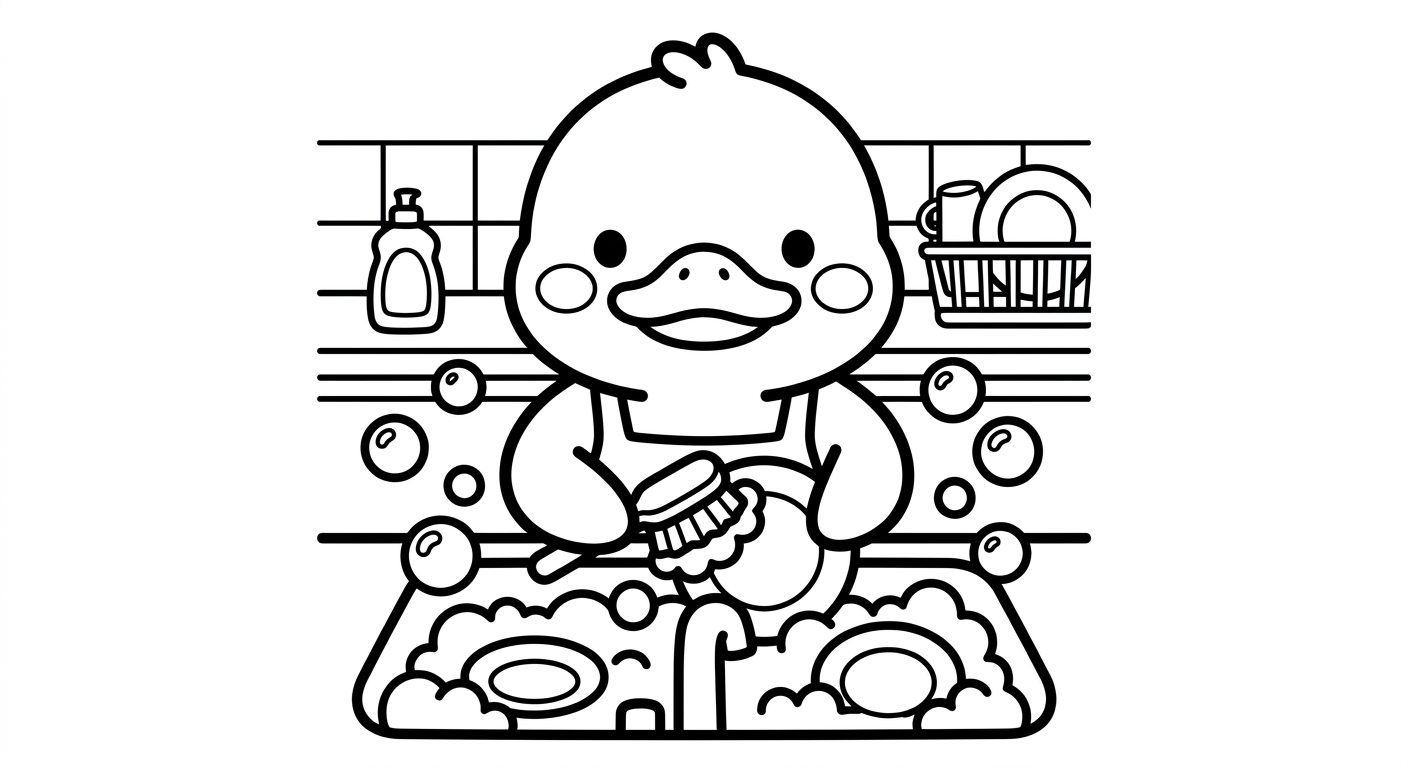 Desenho de patinho lavando louça para colorir espreguiçando de forma fofa