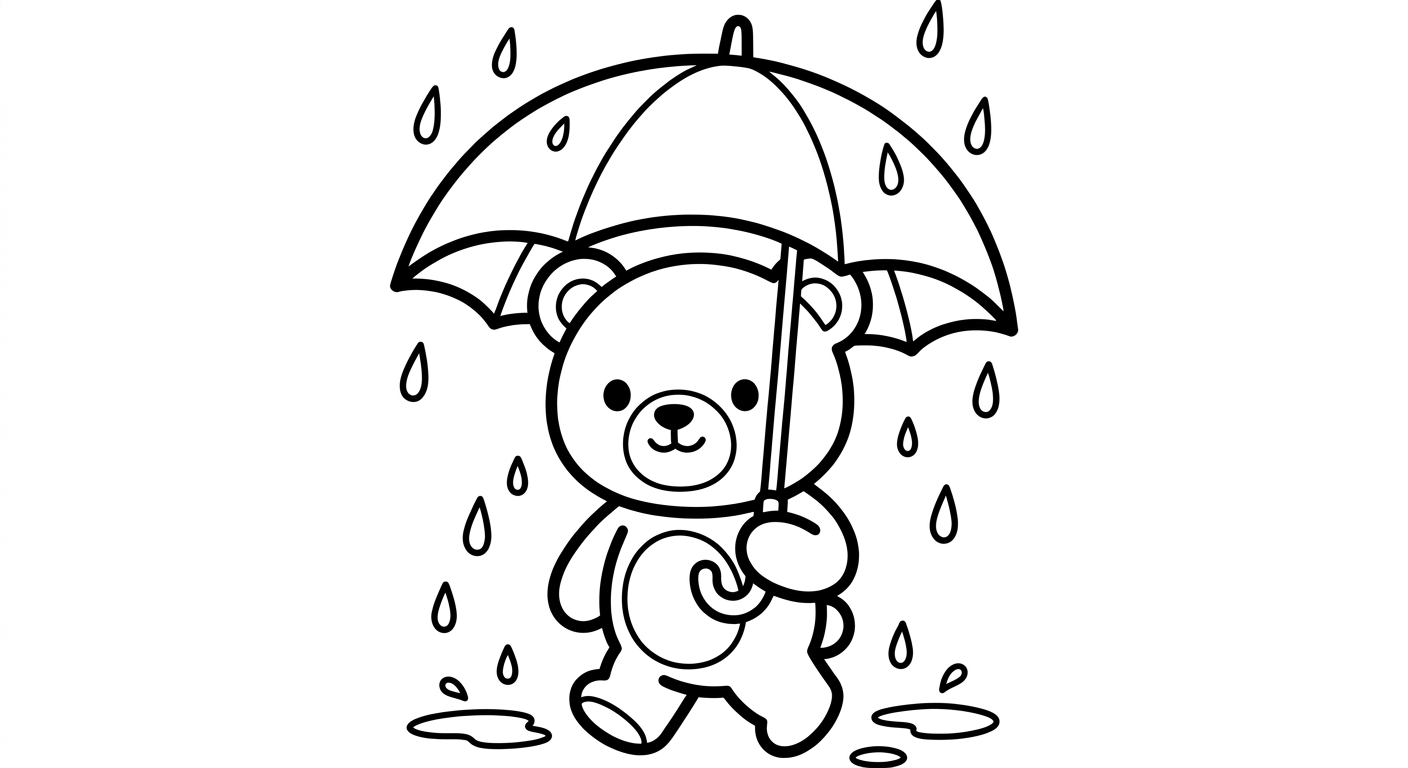 Desenho de ursinho com guarda-chuva para colorir em pé sorrindo com estrelinhas