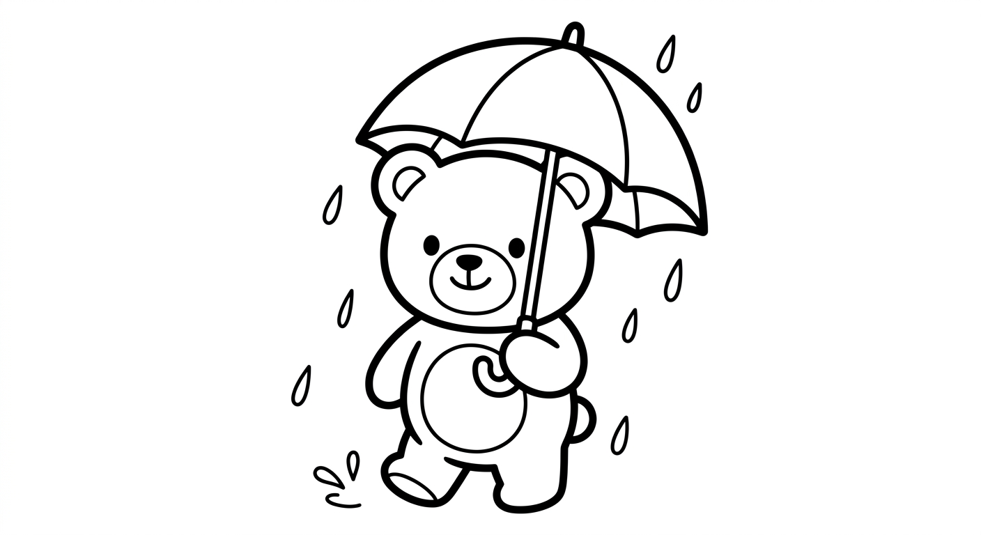 Desenho de ursinho com guarda-chuva para colorir caminhando de forma fofa
