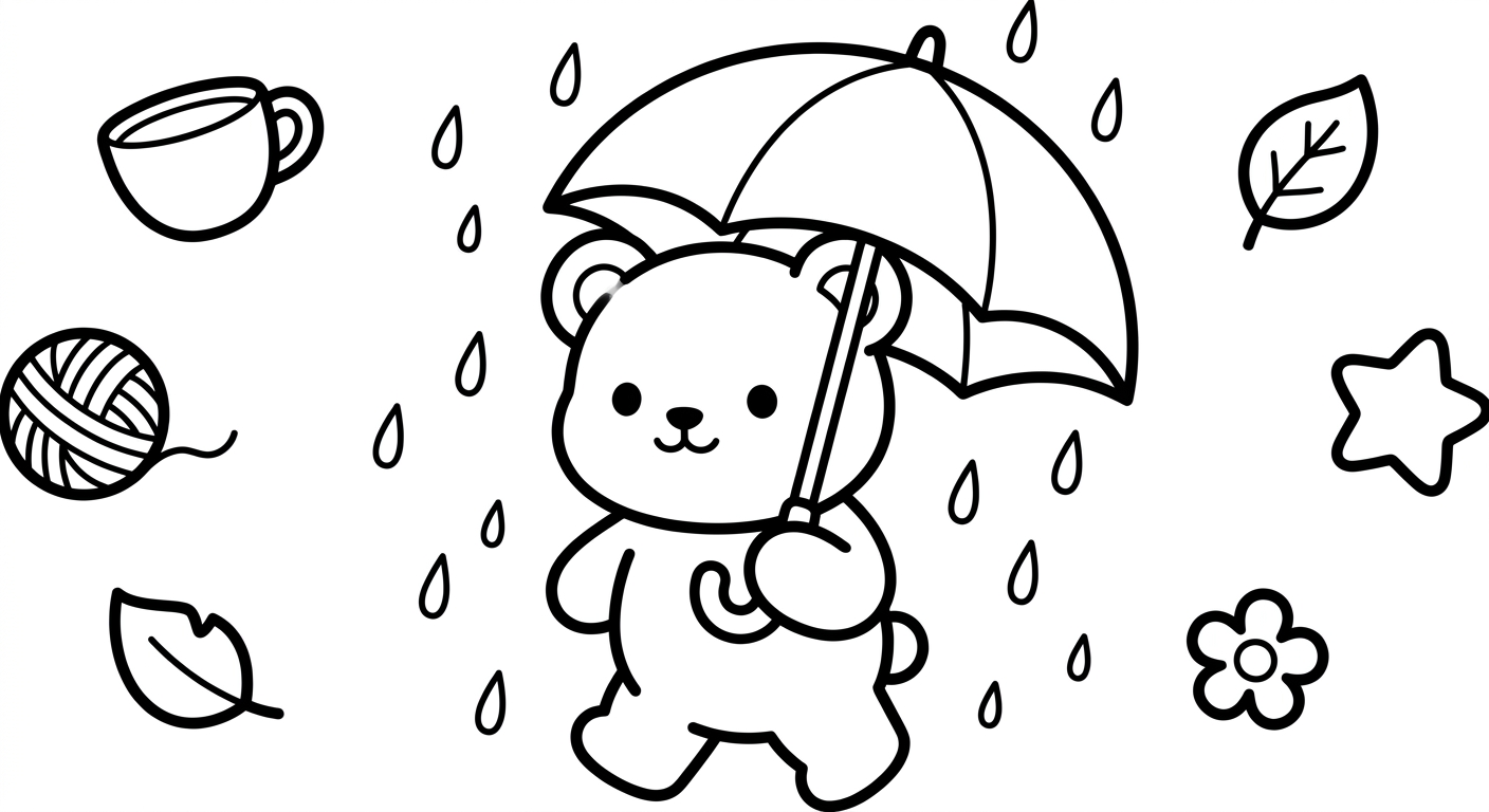 Desenho de ursinho com guarda-chuva para colorir deitado relaxando em estilo fofo