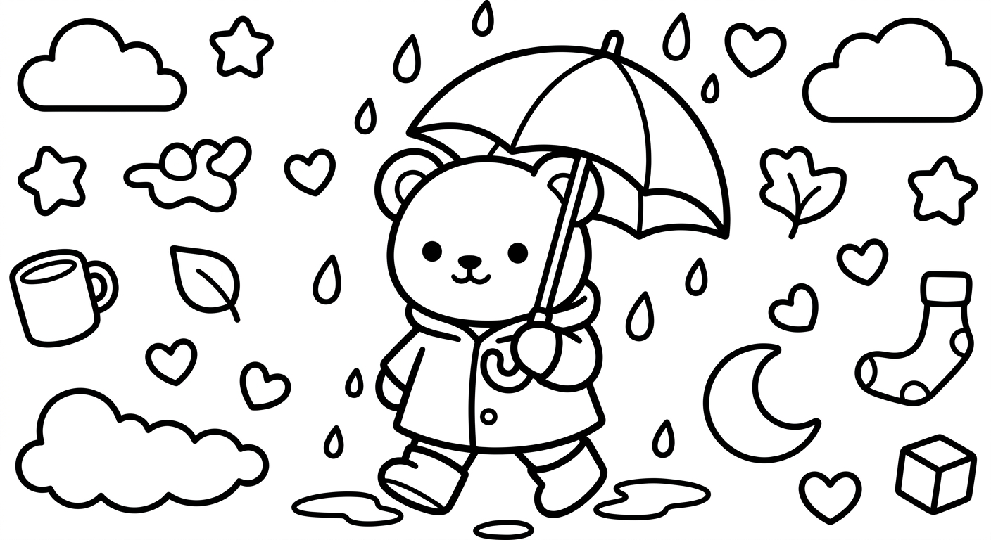 Desenho de ursinho com guarda-chuva para colorir rindo feliz em estilo fofo