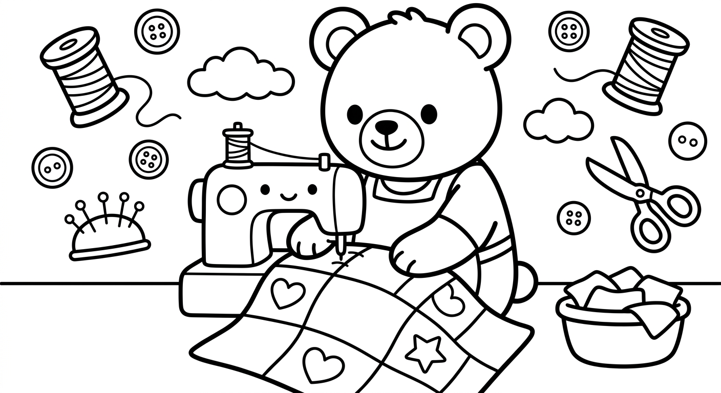 Desenho de ursinho costurando para colorir segurando agulha com botões fofos
