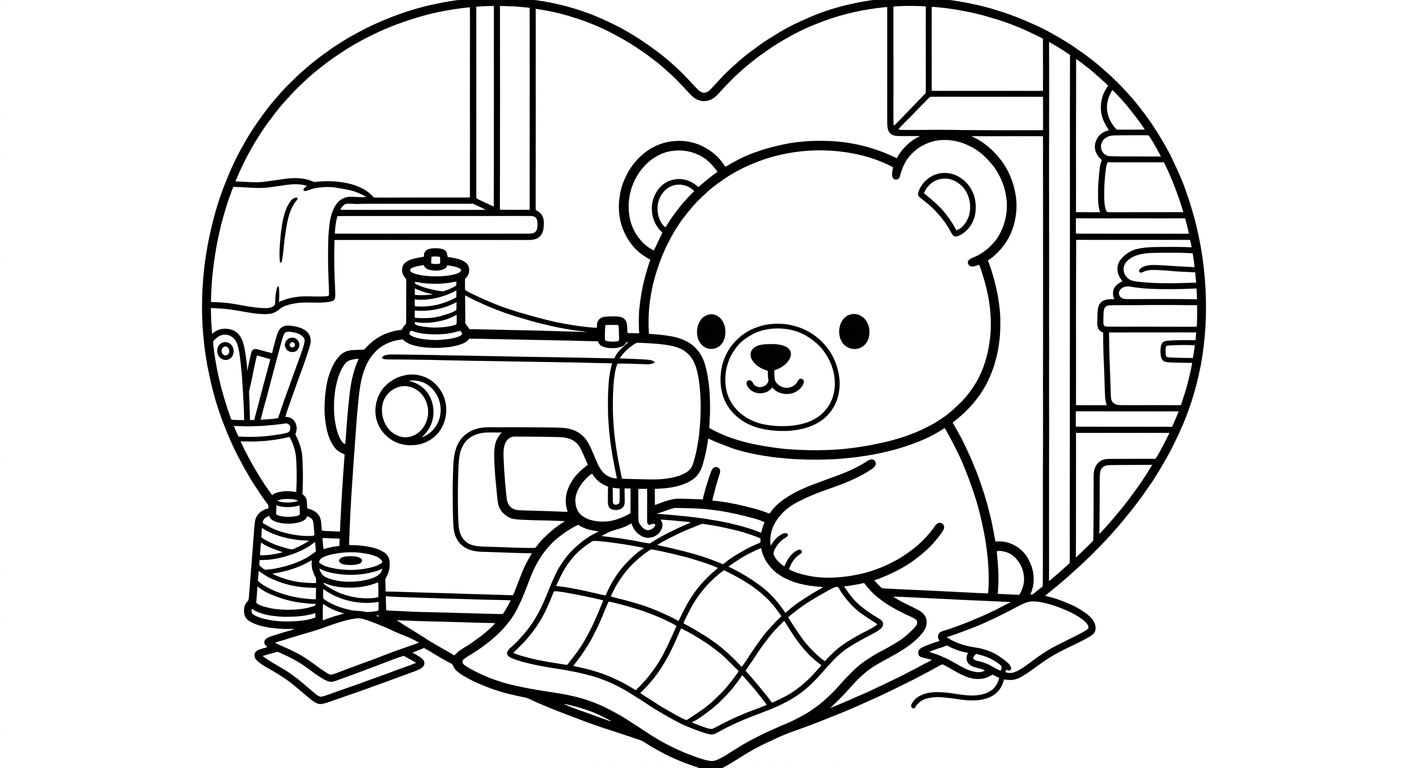 Desenho de ursinho costurando para colorir espreguiçando de forma fofa