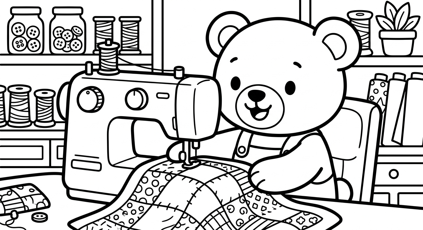 Desenho de ursinho costurando para colorir caminhando fofo em traços simples