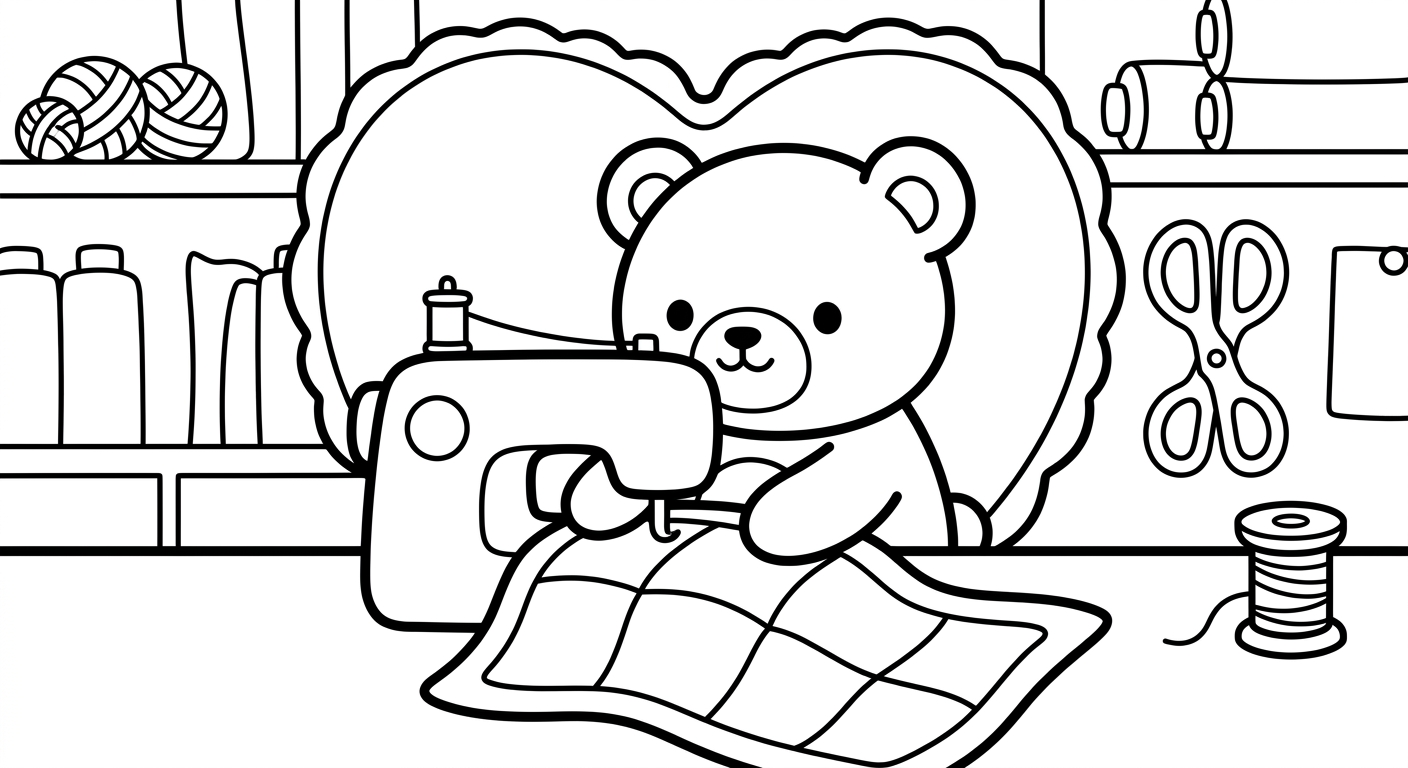 Desenho de ursinho costurando para colorir rindo feliz com botões fofos
