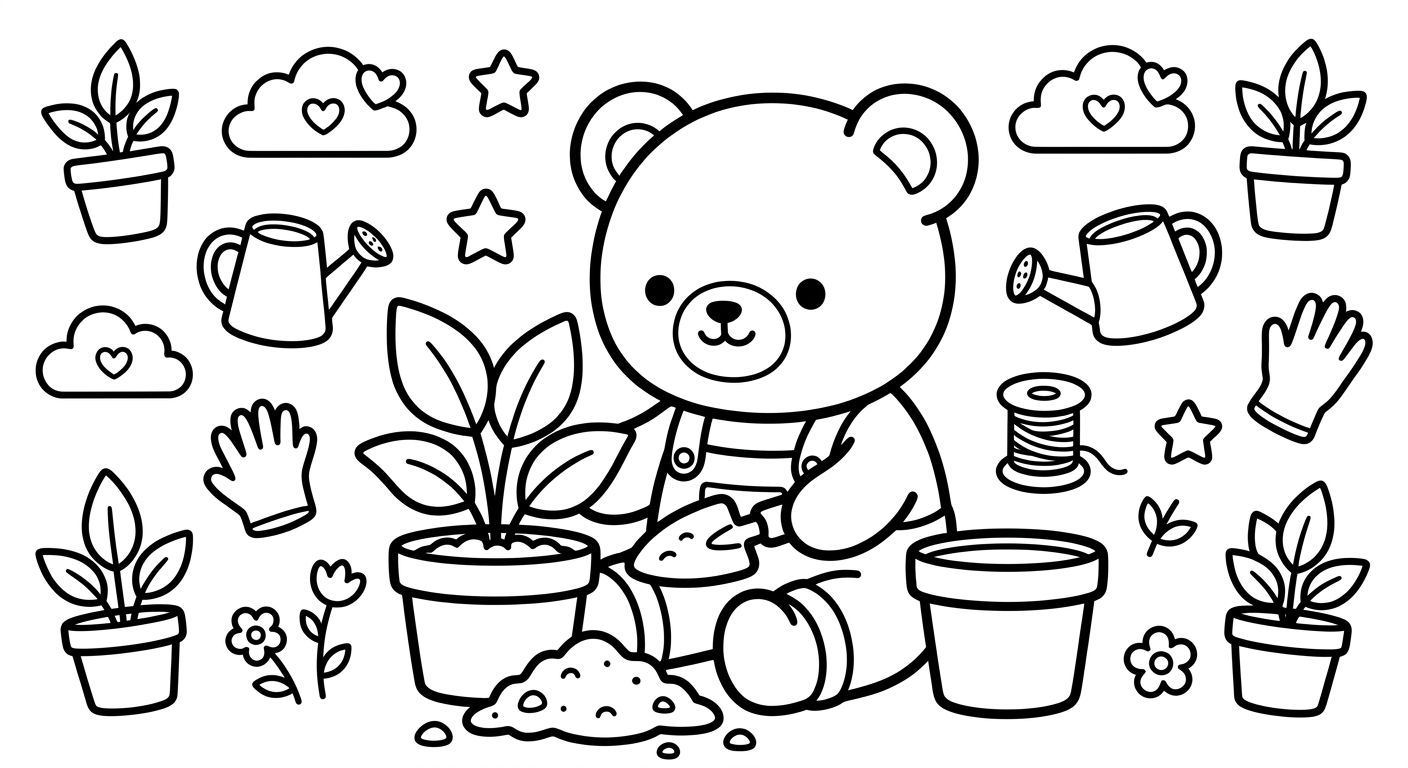 Desenho de ursinho cuidando de vaso para colorir em pé sorrindo