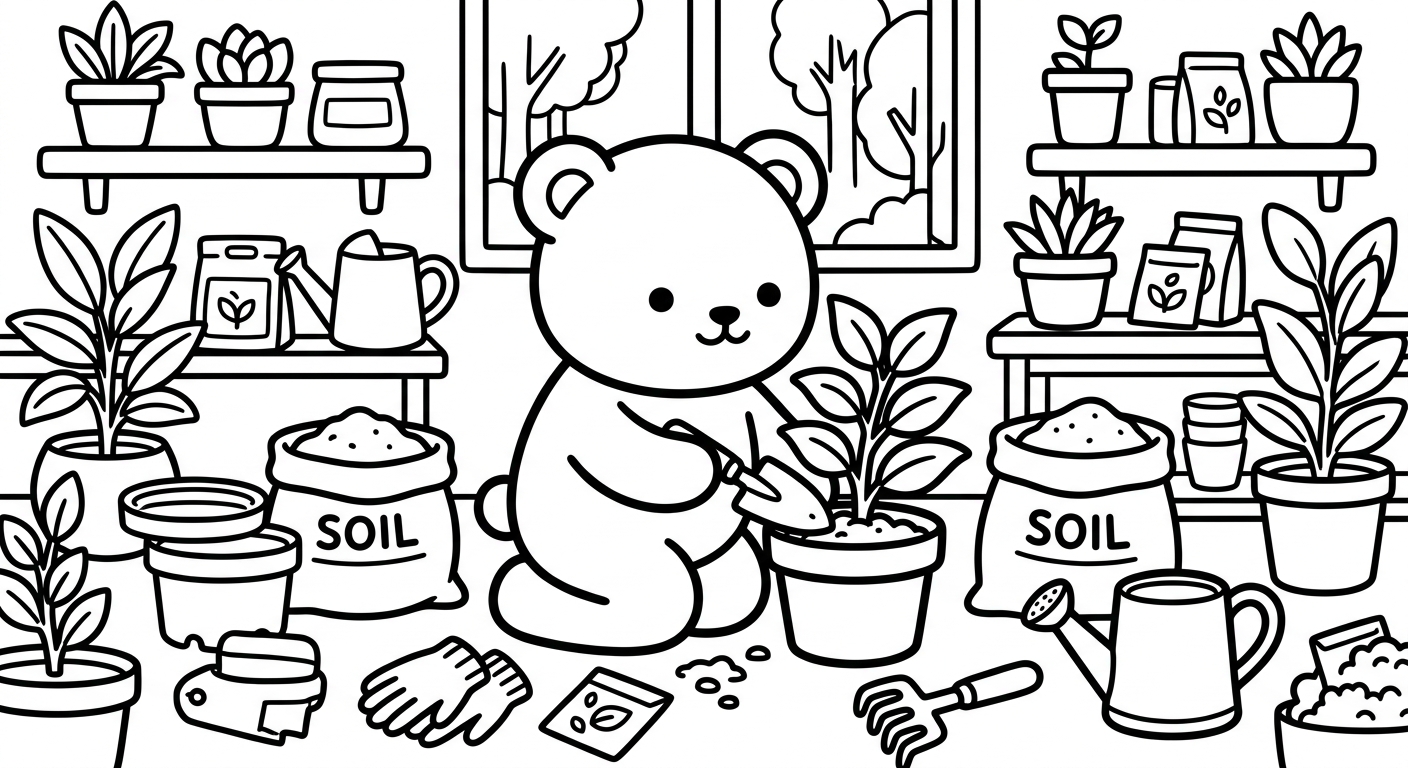 Desenho de ursinho cuidando de vaso para colorir em pé sorrindo com flores