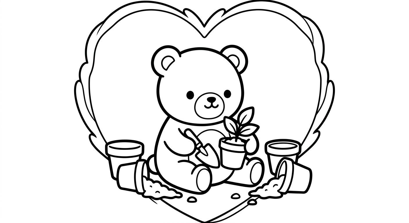 Desenho de ursinho cuidando de vaso para colorir acenando fofamente