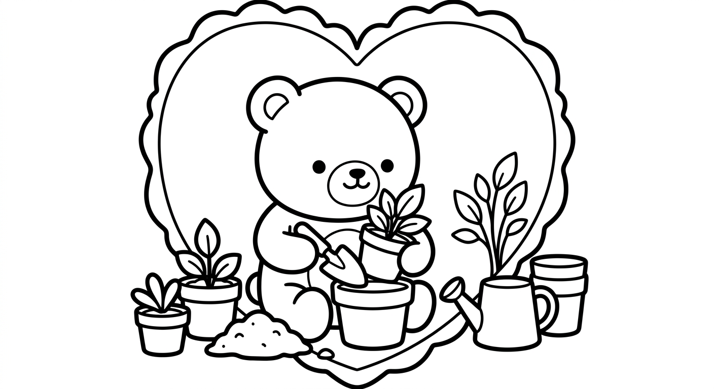 Desenho de ursinho cuidando de vaso para colorir caminhando com itens fofos
