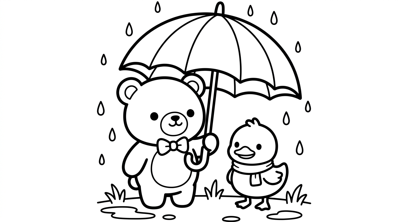 Desenho de ursinho abraçando patinho na chuva para colorir com guarda-chuva fofo