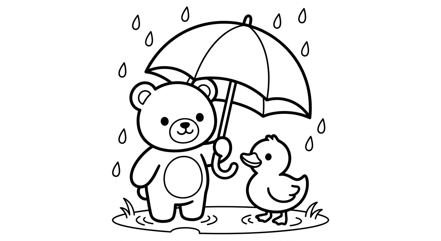 Desenho de ursinho e patinho na chuva para colorir espreguiçando fofamente