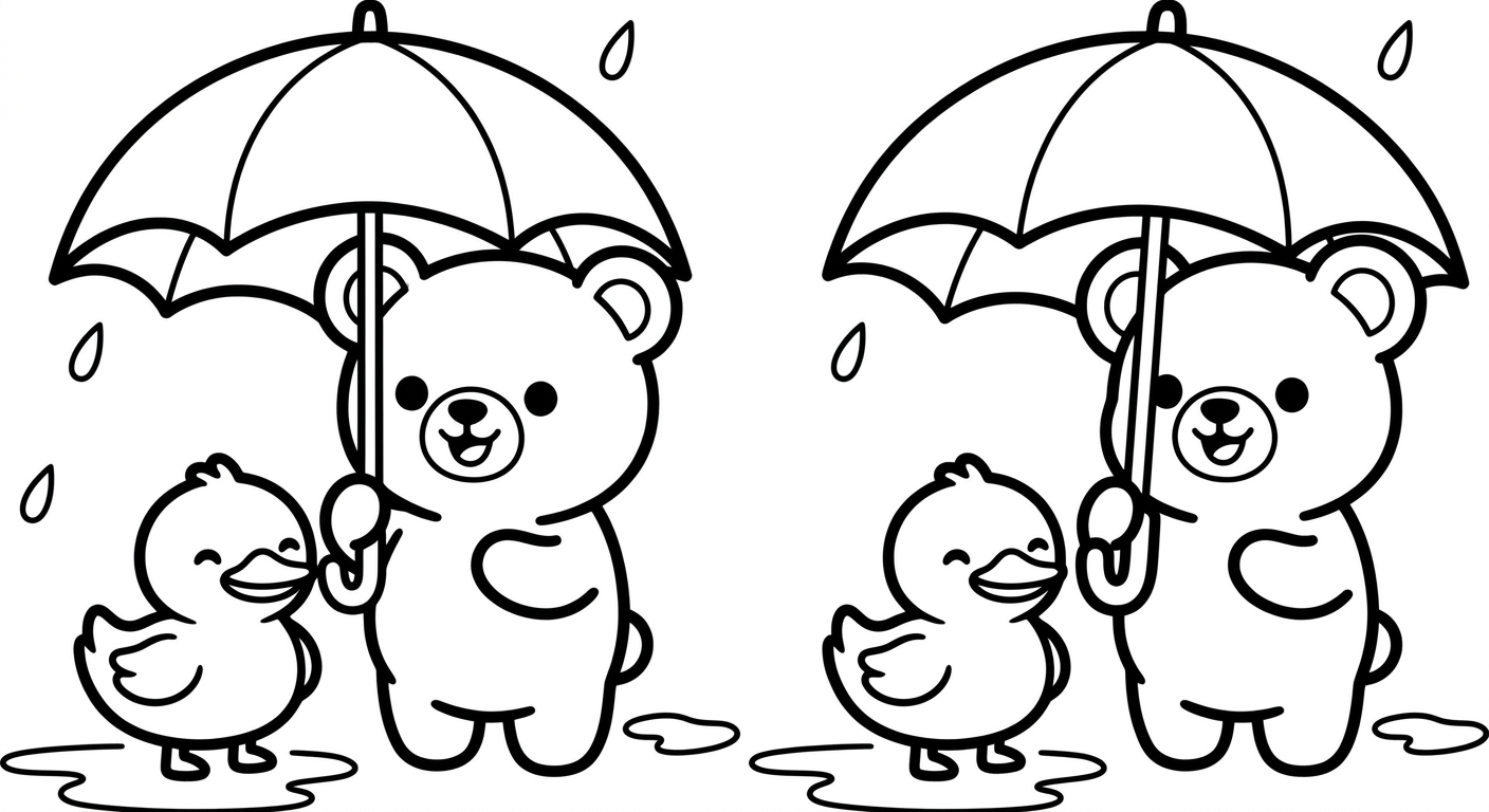 Desenho de ursinho e patinho na chuva para colorir caminhando juntos com expressão fofa