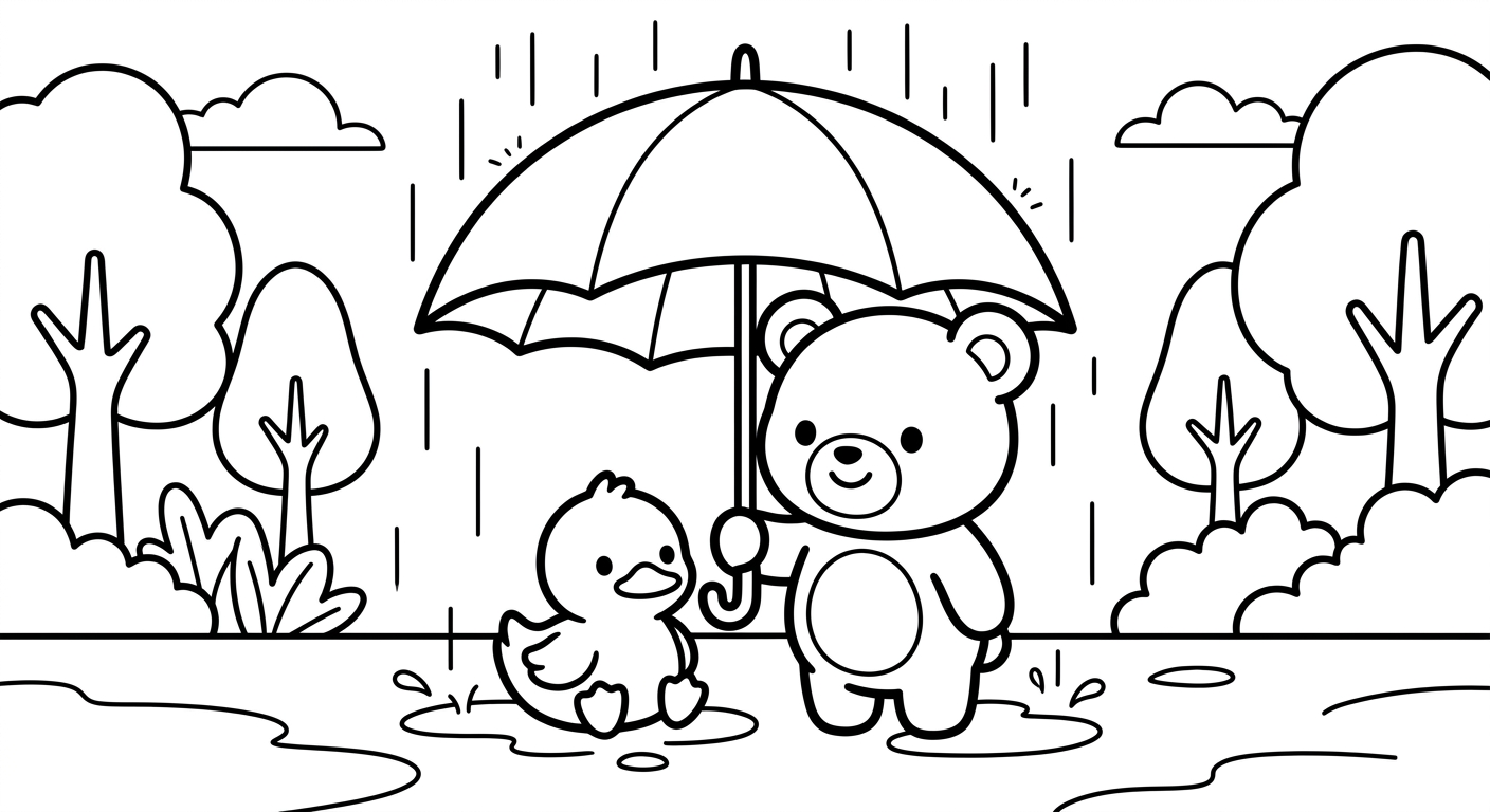 Desenho de ursinho e patinho na chuva para colorir caminhando com guarda-chuva fofo