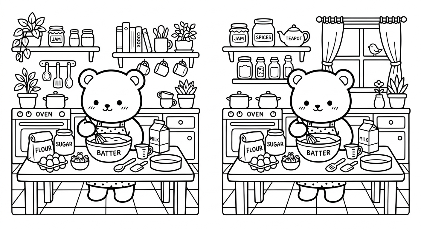 Desenho de ursinho fazendo bolo para colorir com tigela e colher