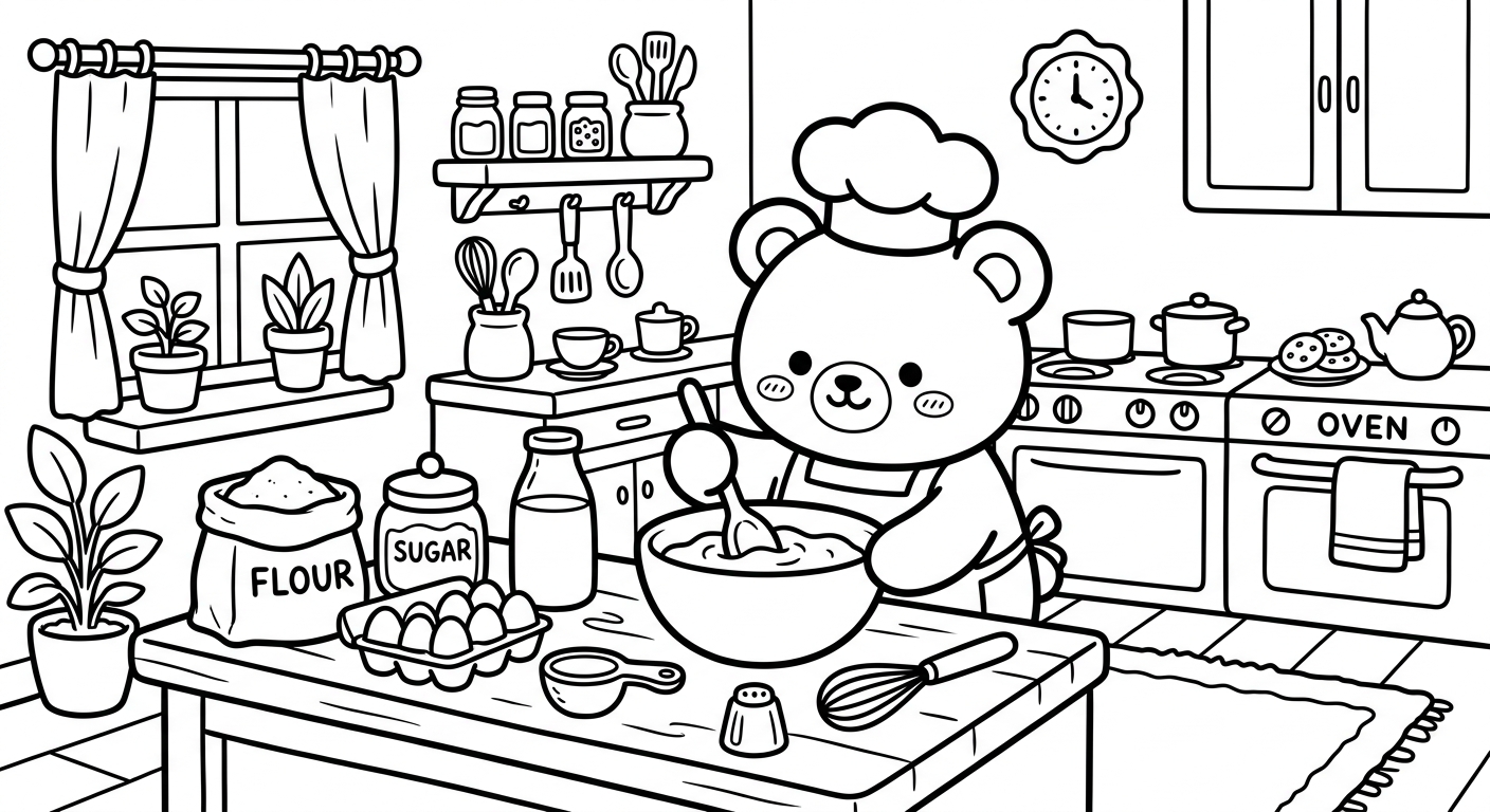 Desenho de ursinho fazendo bolo para colorir com avental e tigela