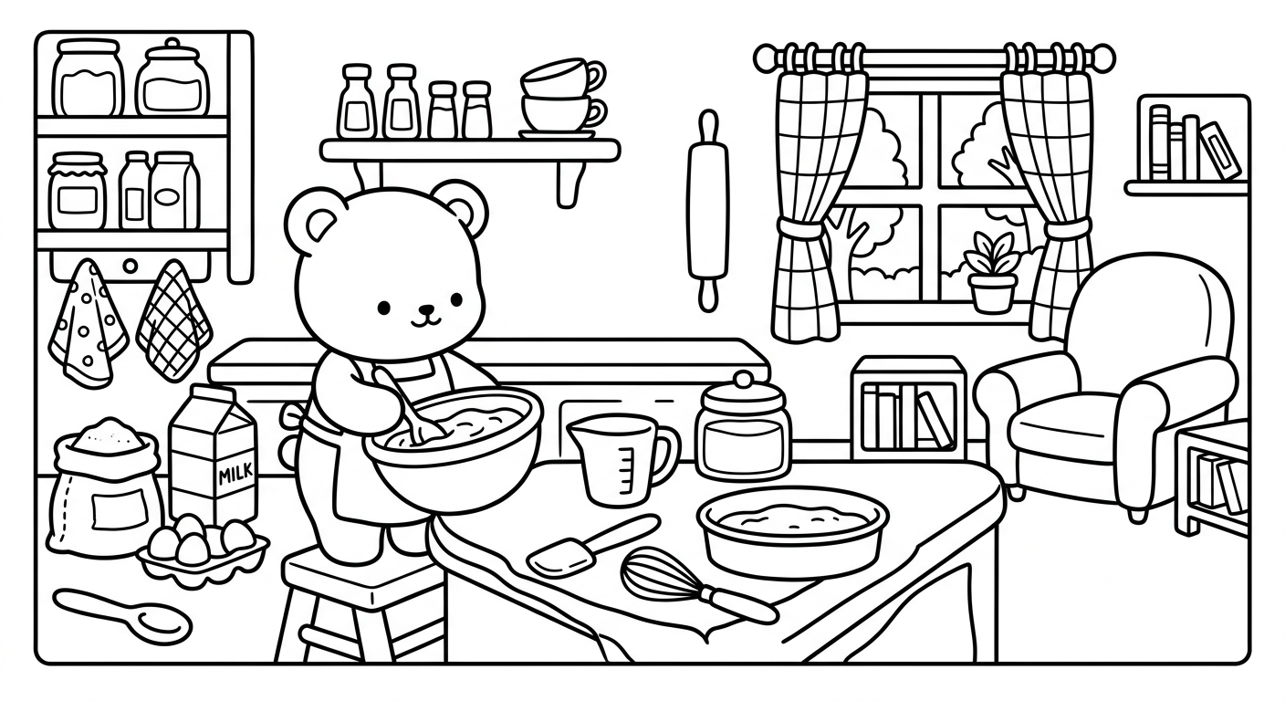 Desenho de ursinho fazendo bolo para colorir com chapéu de confeiteiro fofo