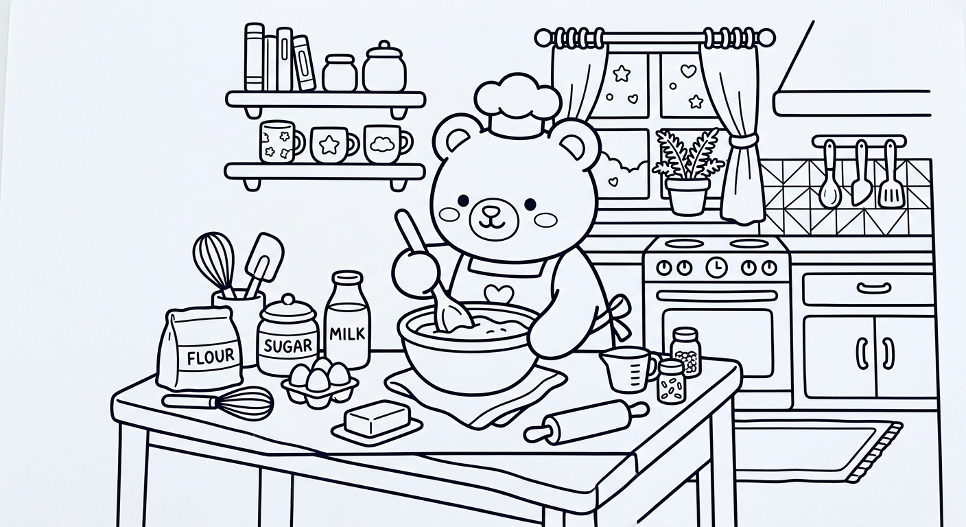 Desenho de ursinho fazendo bolo para colorir com avental e tigela