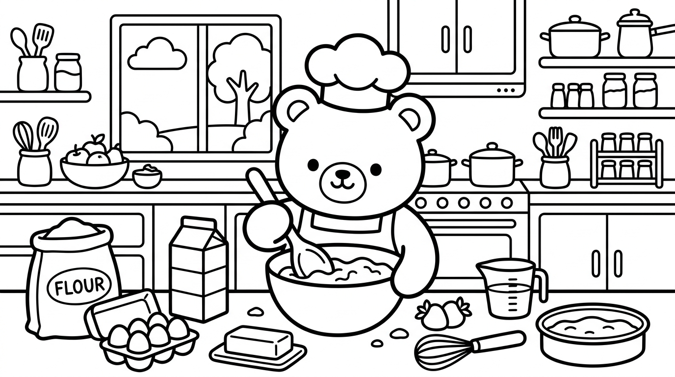 Desenho de ursinho fazendo bolo para colorir abraçando uma tigela fofa
