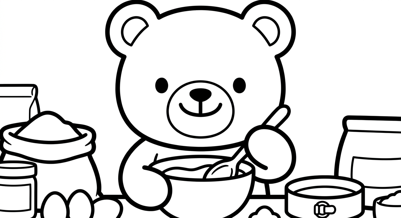 Desenho de ursinho fazendo bolo para colorir pulando de alegria