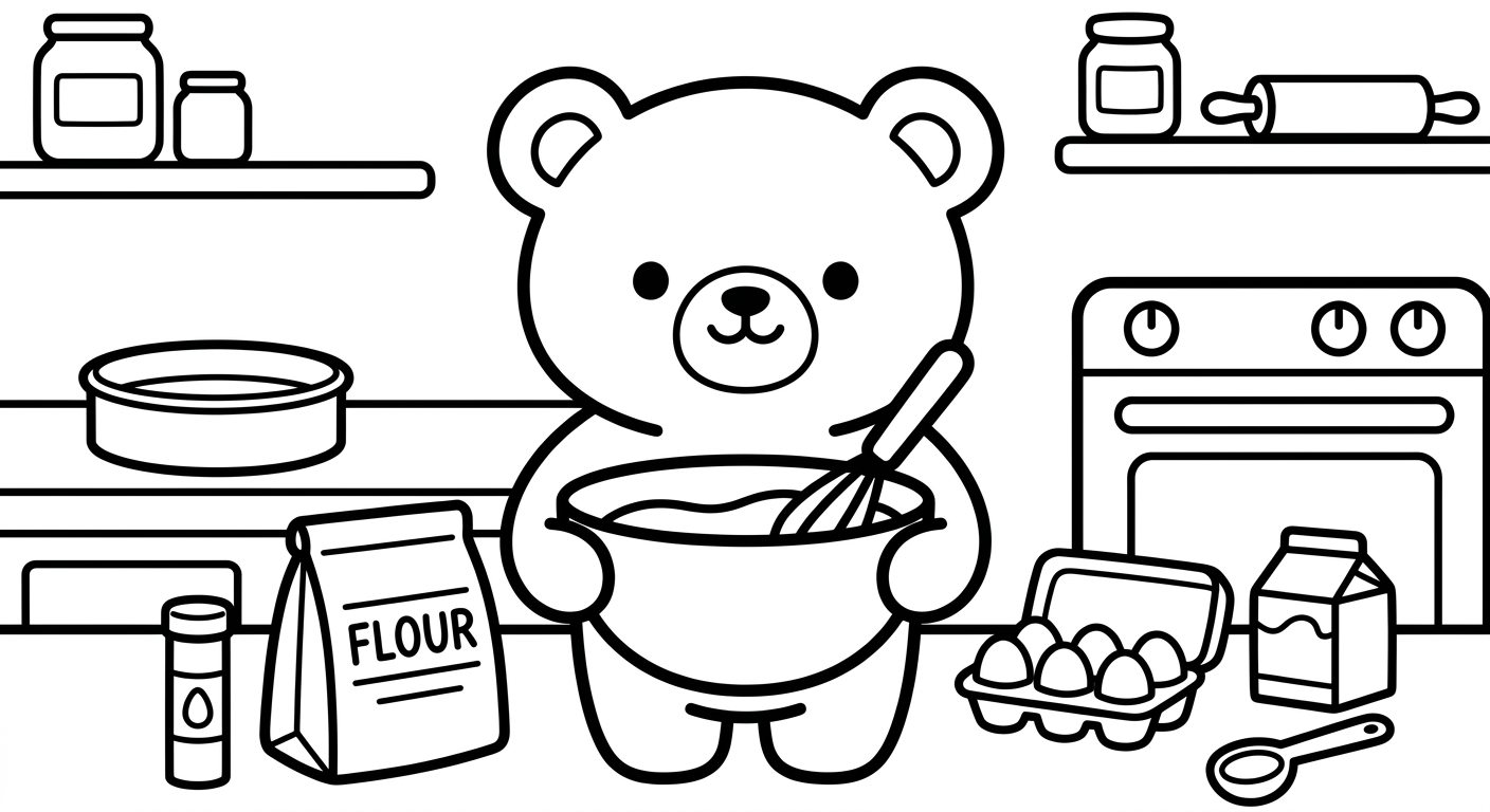 Desenho de ursinho fazendo bolo para colorir segurando tigela e colher