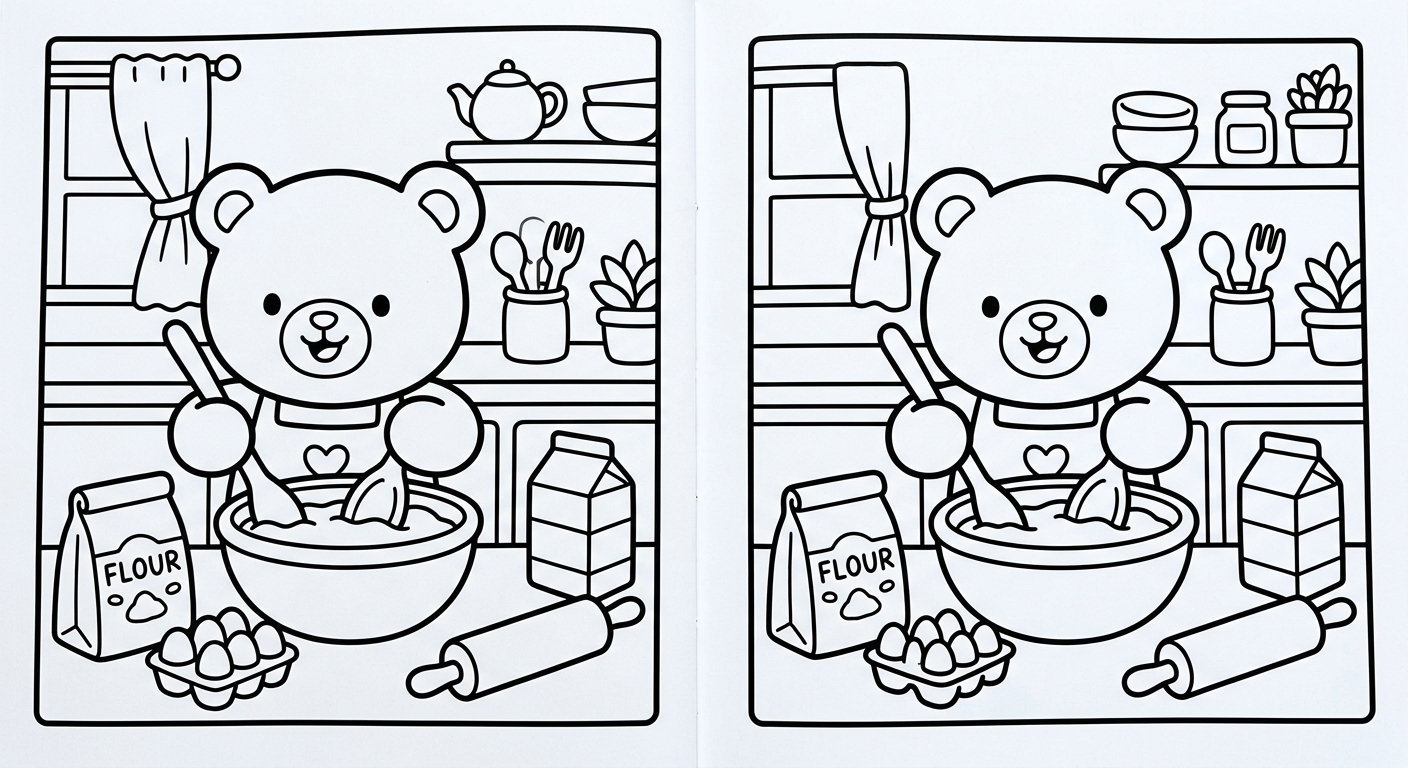 Desenho de ursinho fazendo bolo para colorir segurando tigela de confeitar