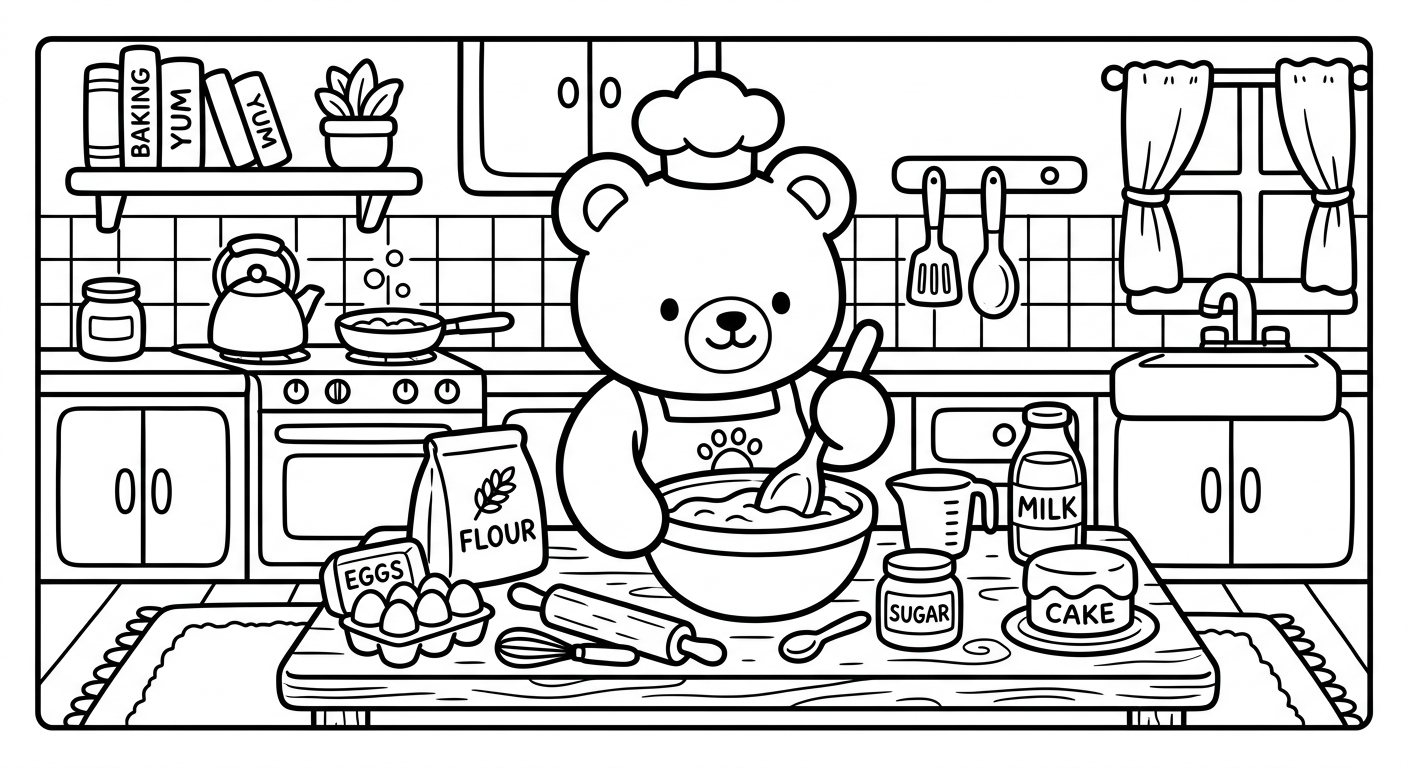 Desenho de ursinho fazendo bolo para colorir segurando uma colher fofa