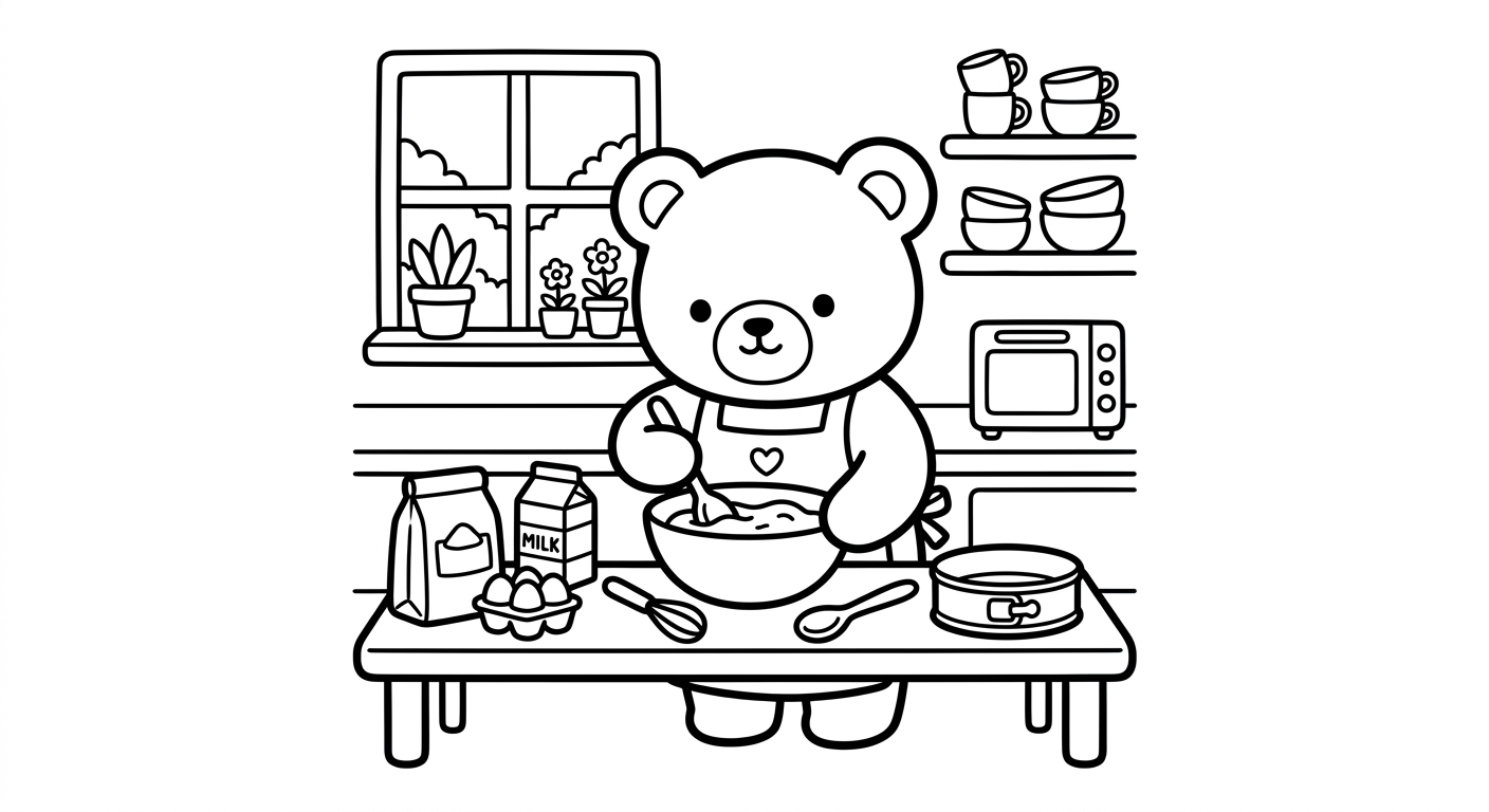 Desenho de ursinho fazendo bolo para colorir deitado relaxando em estilo fofo
