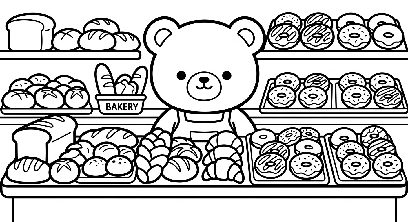 Desenho de ursinho na confeitaria para colorir acenando com cupcakes fofos