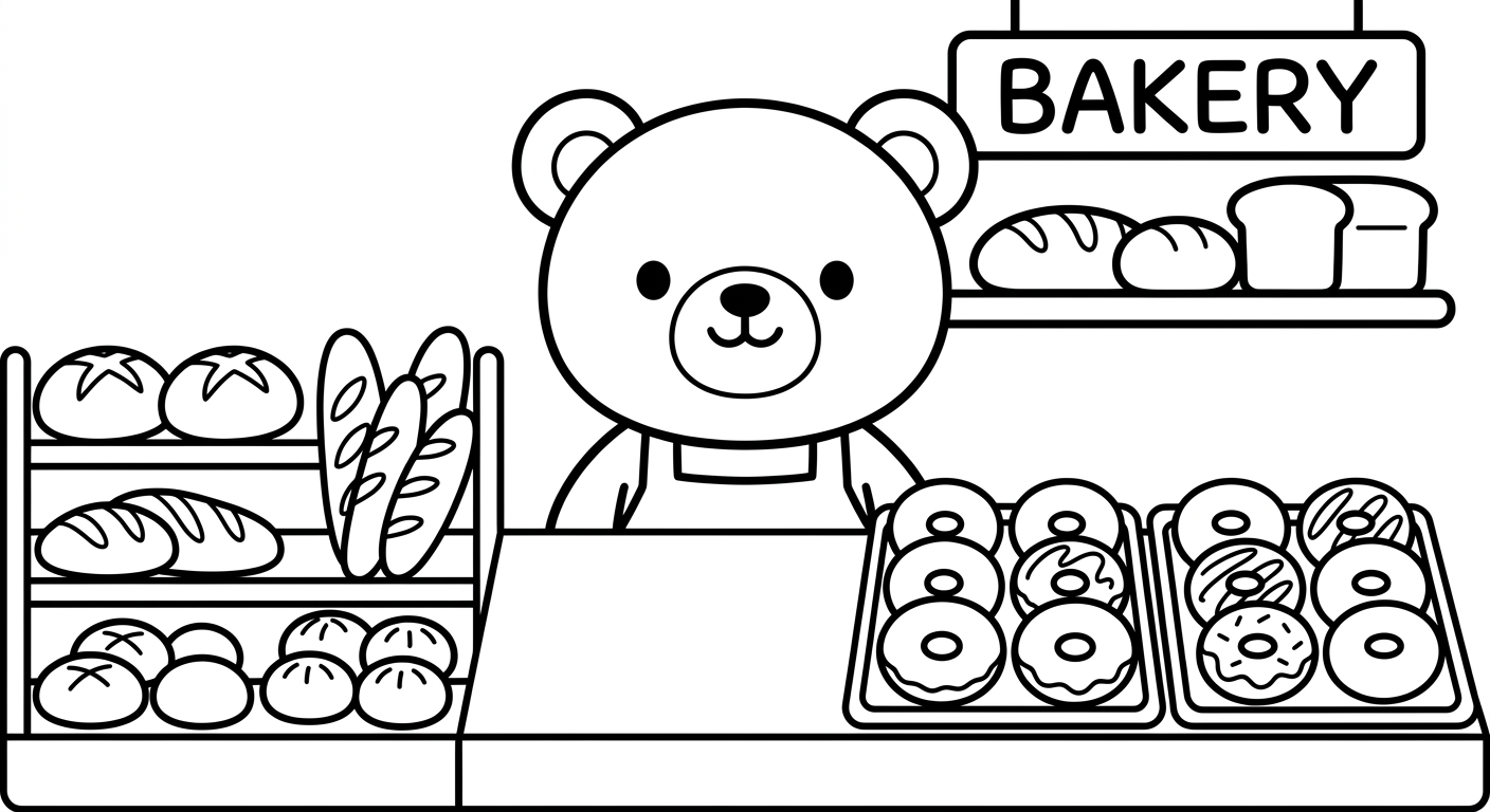 Desenho de ursinho na confeitaria para colorir deitado relaxando com cupcakes fofos