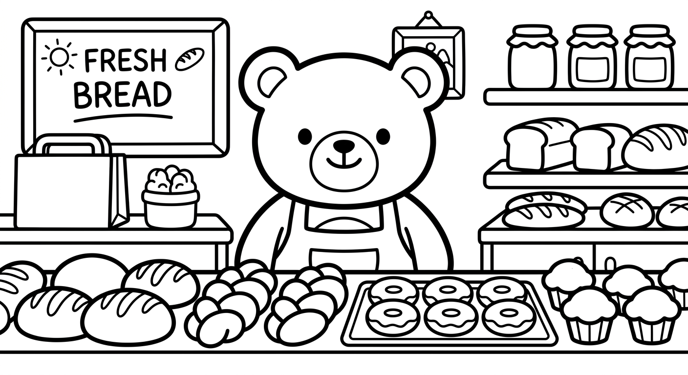 Desenho de ursinho na confeitaria para colorir rindo feliz com docinhos fofos