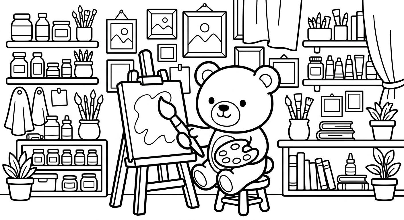 Desenho de ursinho no ateliê para colorir acenando com expressão fofa