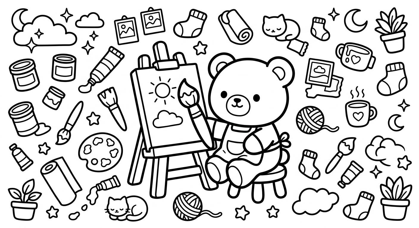 Desenho de ursinho no ateliê para colorir acenando com sorriso fofo