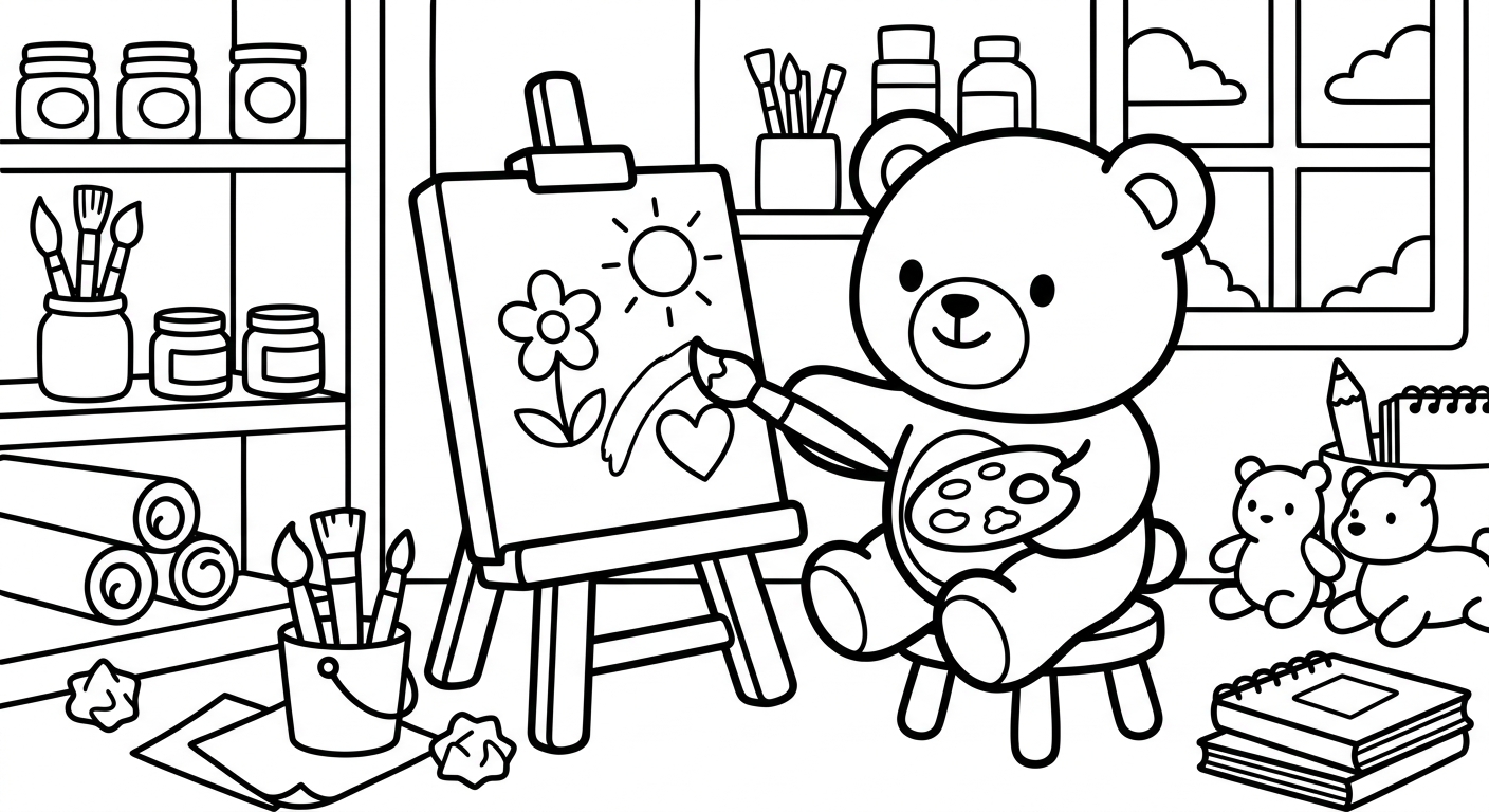 Desenho de Ursinho no Ateliê para colorir sentado com pincéis fofos