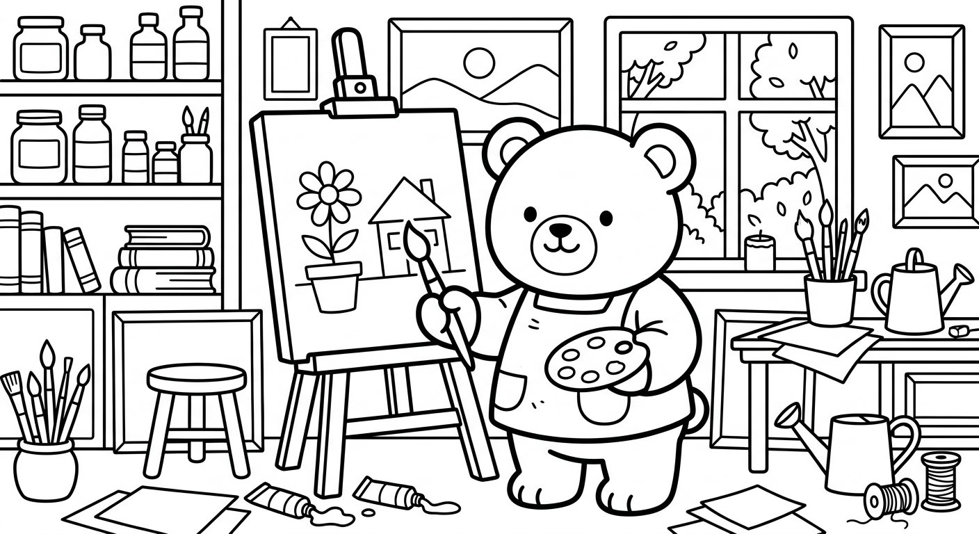 Desenho de ursinho no ateliê para colorir espreguiçando ao lado de pincéis fofos