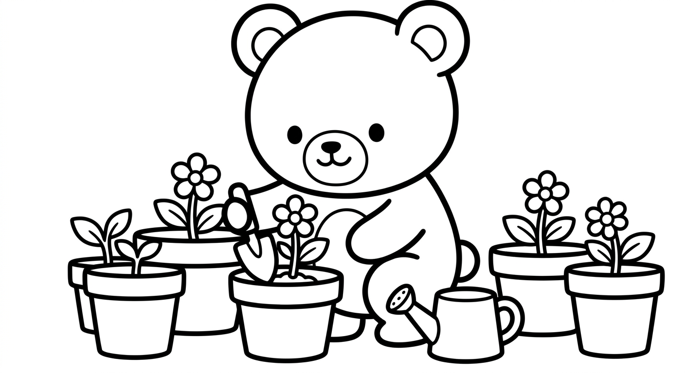 Desenho de ursinho plantando flores para colorir abraçando um vasinho fofo