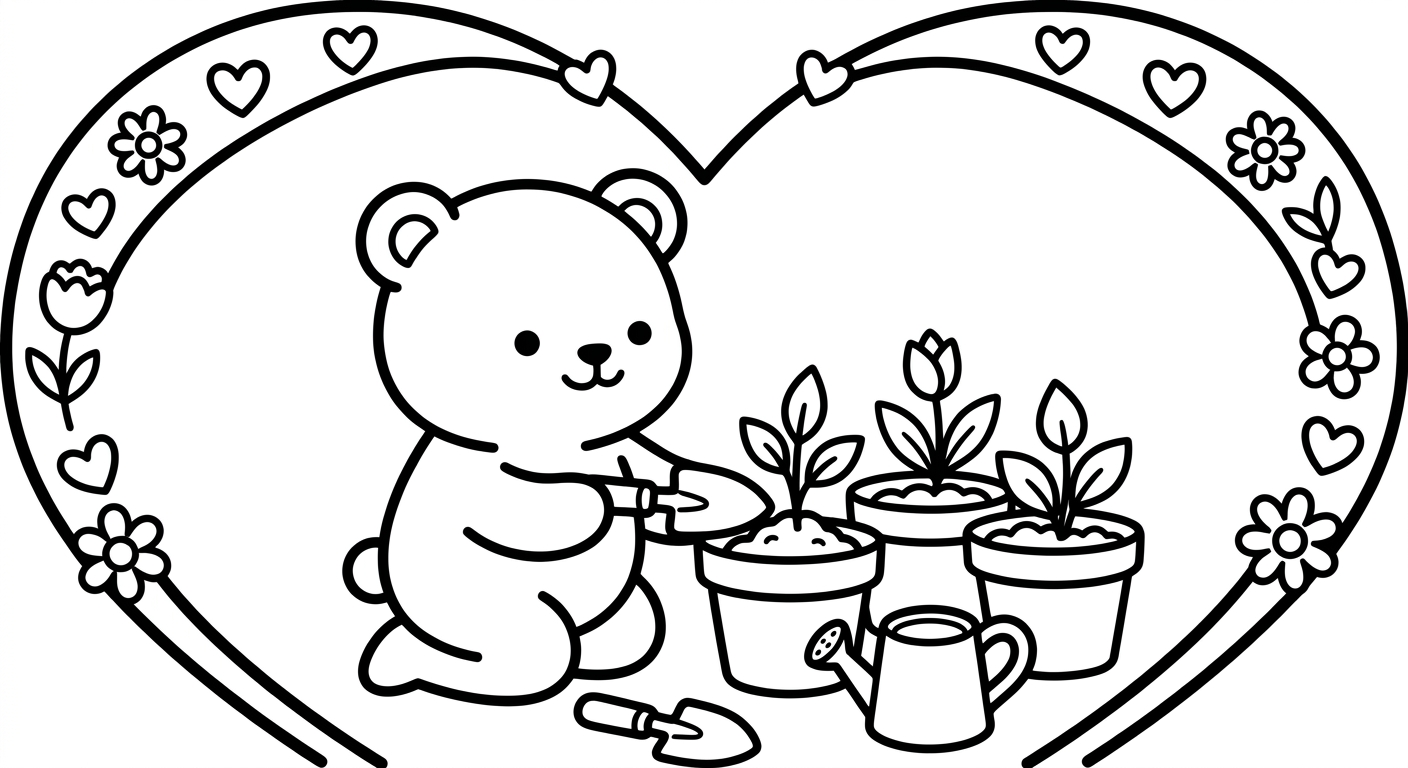 Desenho de ursinho plantando flores para colorir segurando um regador