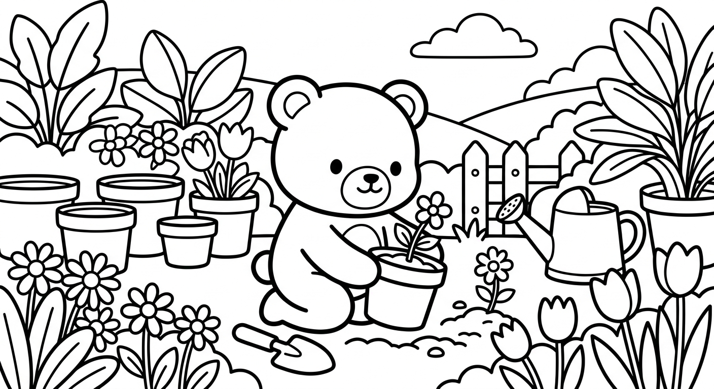 Desenho de ursinho plantando flores para colorir deitado relaxando com vasinho fofo