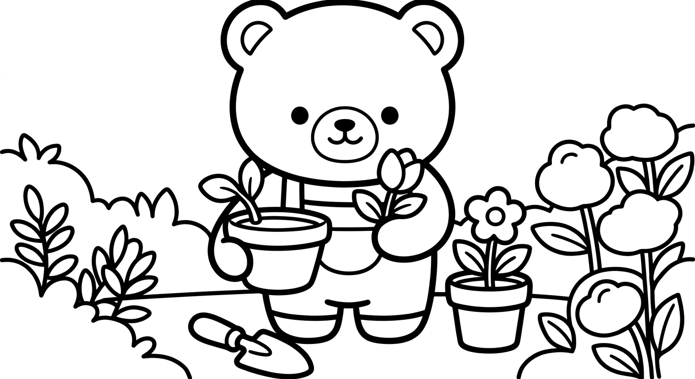 Desenho de ursinho plantando flores para colorir rindo feliz com jeito fofo