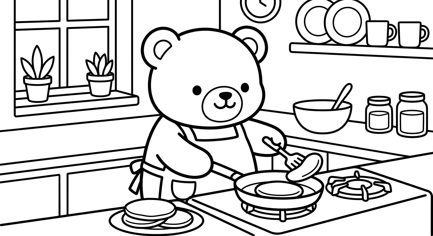 Desenho de ursinho preparando panquecas para colorir fofo em pé sorrindo