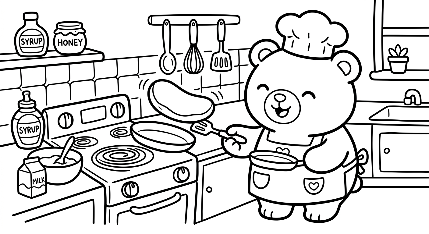 Desenho de ursinho preparando panquecas para colorir acenando com expressão fofa
