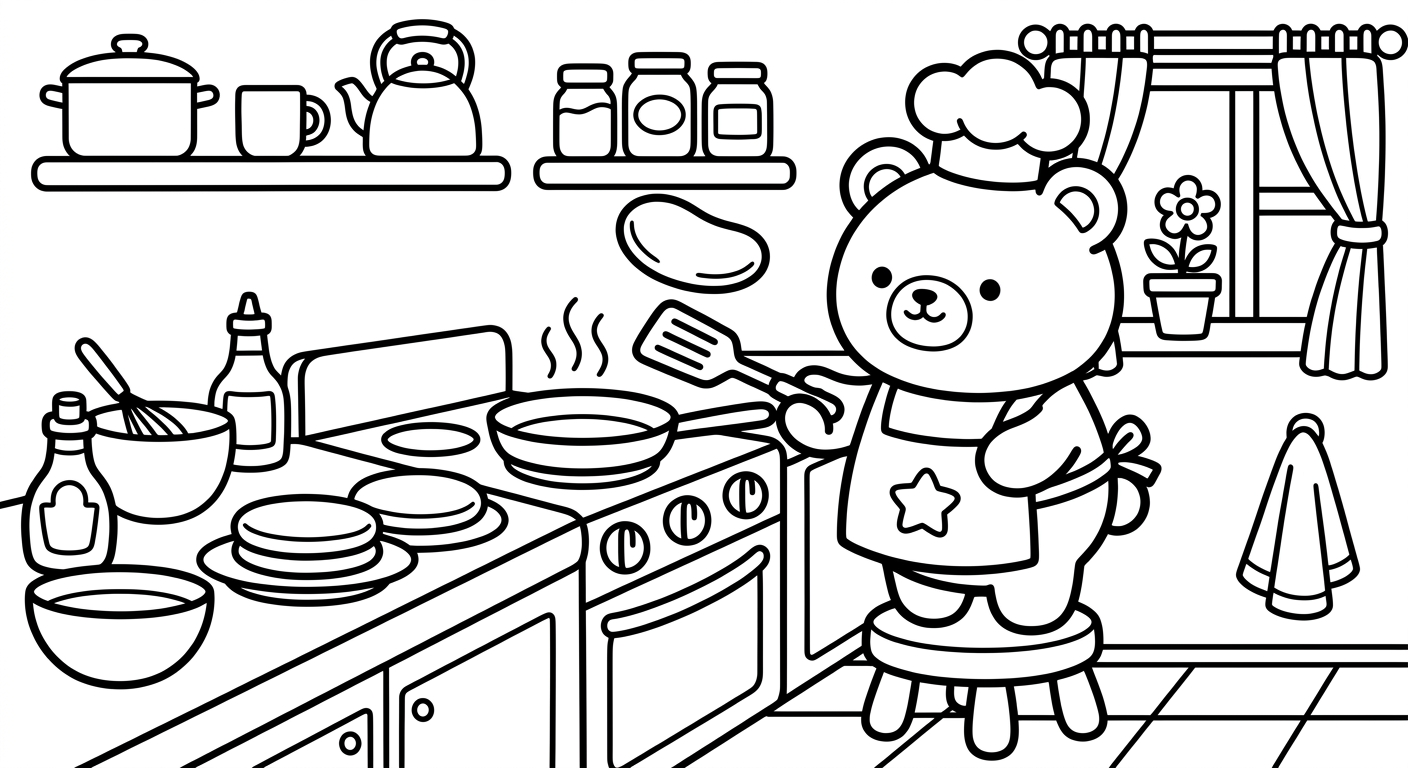 Desenho de ursinho preparando panquecas para colorir acenando de forma fofa