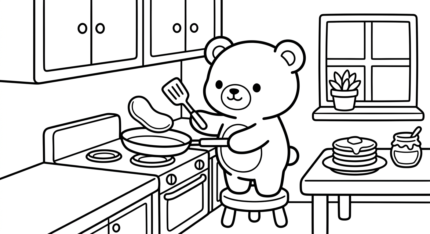 Desenho de ursinho preparando panquecas para colorir espreguiçando de forma fofa