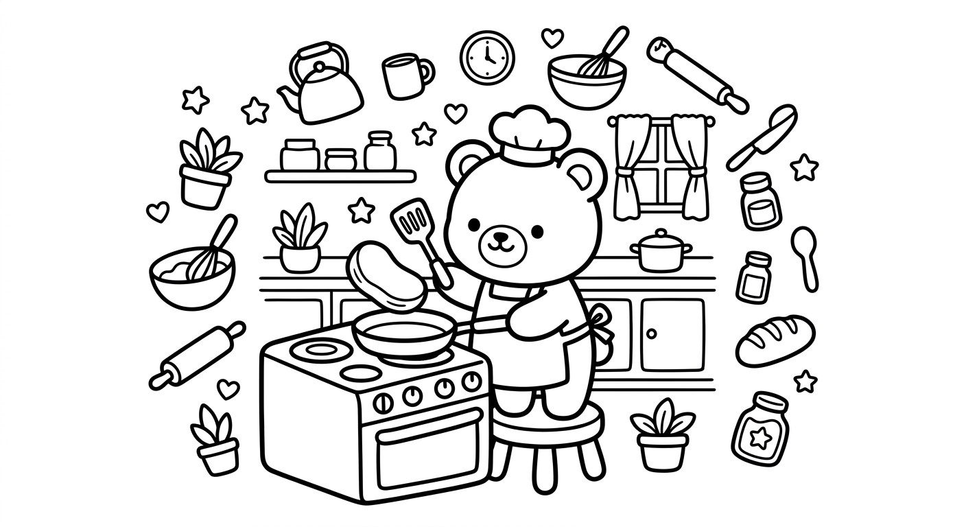 Desenho de ursinho preparando panquecas para colorir fofo se espreguiçando