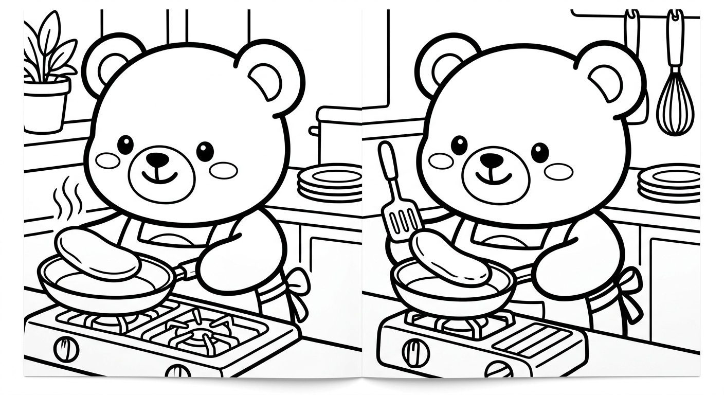 Desenho de ursinho preparando panquecas para colorir espreguiçando ao lado de utensílios fofos